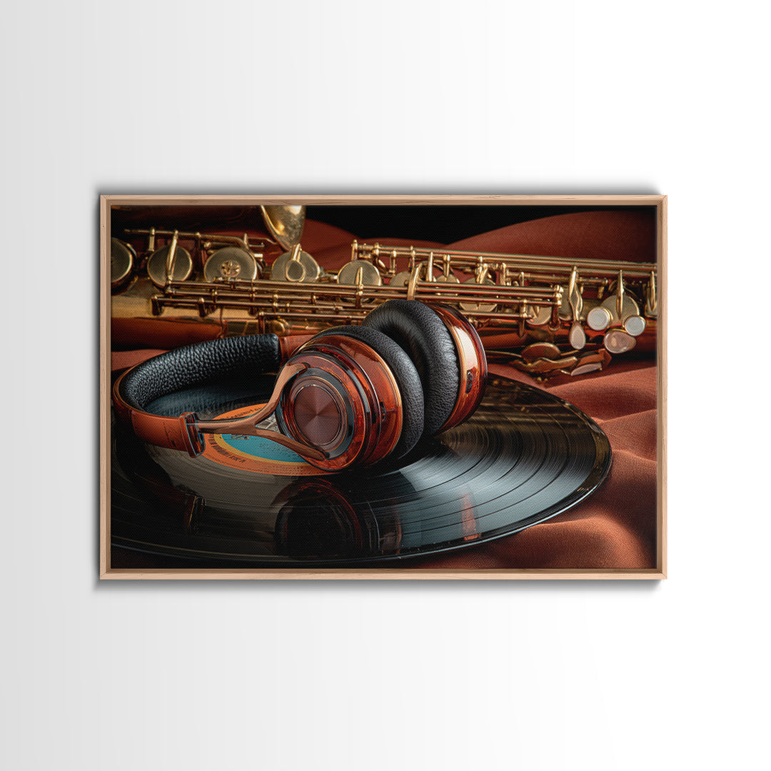 Headphones Resting on a Vinyl Record Framed Canvas Print, Recording Studio Art, Music Decor, Studio Decor, Fine Art, Analog, RSA-3x2-81