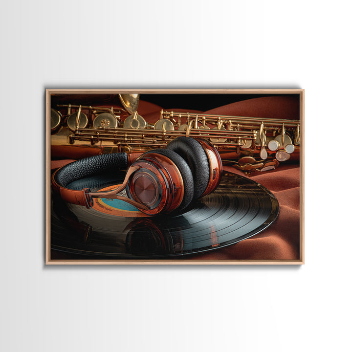Headphones Resting on a Vinyl Record Framed Canvas Print, Recording Studio Art, Music Decor, Studio Decor, Fine Art, Analog, RSA-3x2-81