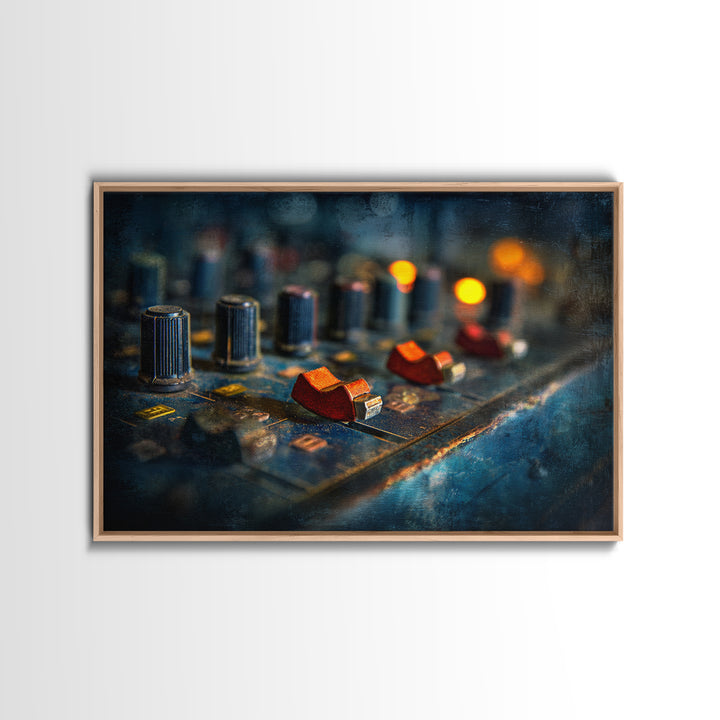 Mixing Console Faders Framed Canvas Print, Recording Studio Art, Black and White Art, Studio Decor, Oil Painting, Analog, RSA-3x2-82