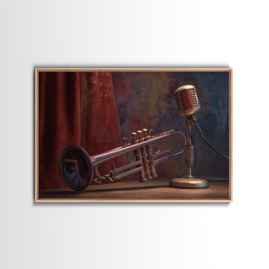 Jazz Trumpet and Microphone Still Life Canvas Print, Recording Studio Art, Neutral Decor, Studio Decor, Fine Art, Analog, RSA-3x2-83