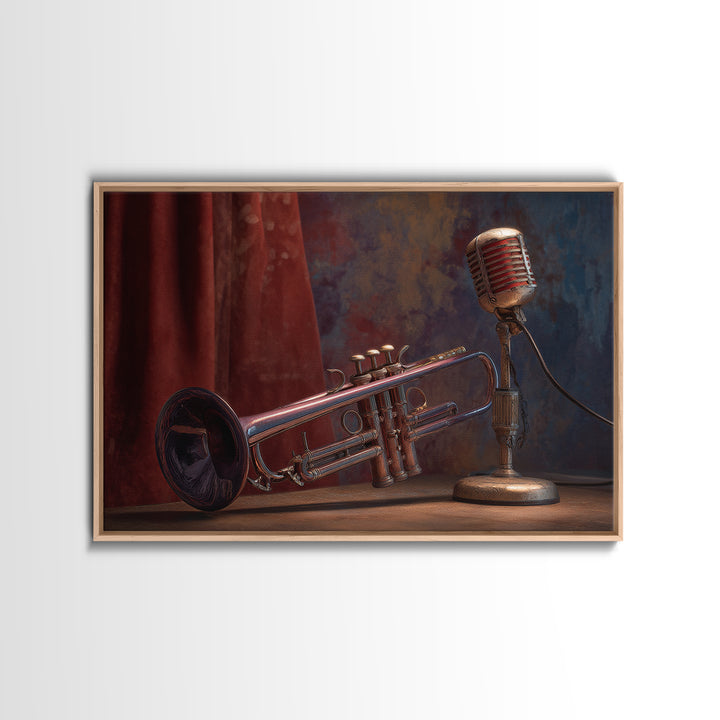 Jazz Trumpet and Microphone Still Life Canvas Print, Recording Studio Art, Neutral Decor, Studio Decor, Fine Art, Analog, RSA-3x2-83