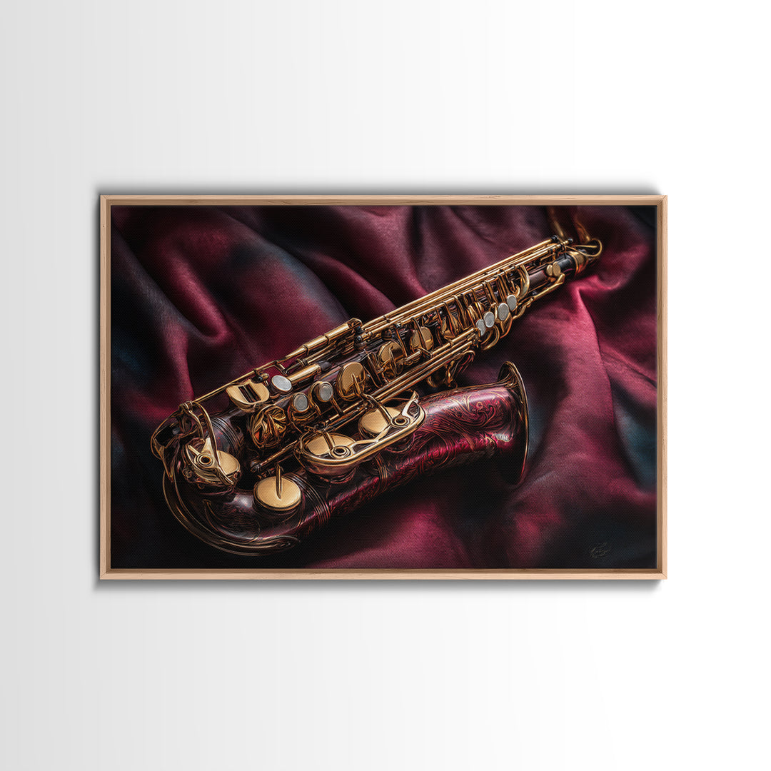 Brass Saxophone on Dark Velvet Framed Canvas Print, Recording Studio Art, Music Room Decor, Studio Decor, Fine Art, Analog, RSA-3x2-92