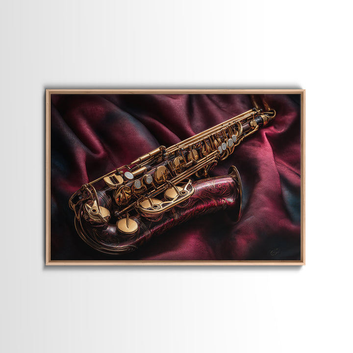 Brass Saxophone on Dark Velvet Framed Canvas Print, Recording Studio Art, Music Room Decor, Studio Decor, Fine Art, Analog, RSA-3x2-92
