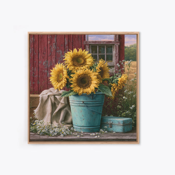 Sunflowers in a Metal Bucket Framed Canvas Print, Rustic Art, Painting, Farmhouse Decor, Oil Painting, Rustic, Boho Wall Art, RUS-1x1-12