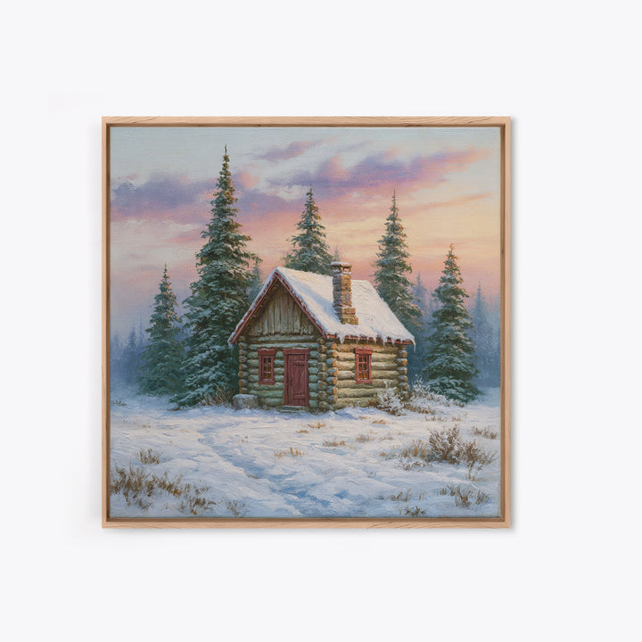 Log Cabin with Snowy Pines Canvas Print, Rustic Art, Farmhouse Decor, Oil Painting, Rustic, Gallery Wall Art, RUS-1x1-15
