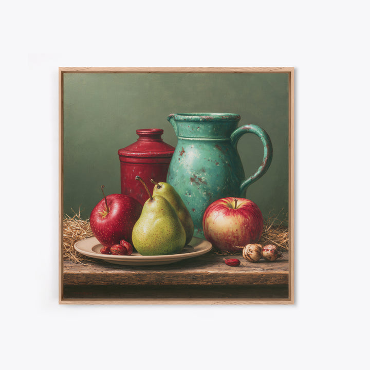 Rustic Pear and Apple Still Life Framed Canvas Print, Rustic Art, Landscape Wall Art, Farmhouse Decor, Fine Art, Rustic, RUS-1x1-21
