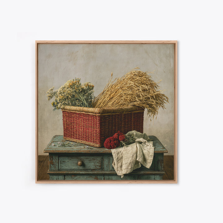 Handwoven Basket with Dried Grasses Framed Canvas Print, Rustic Art, Farmhouse Wall Art, Farmhouse Decor, Watercolor Art, RUS-1x1-24