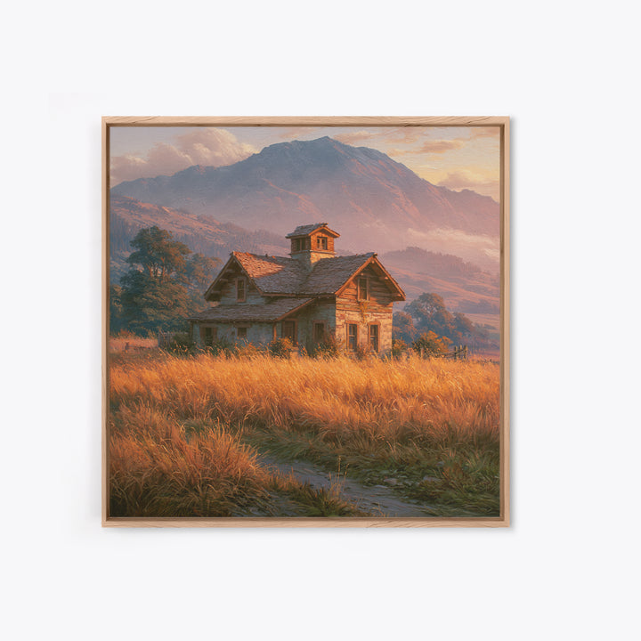 Mountain Cabin Landscape Framed Canvas Print, Rustic Art, Boho Wall Art, Farmhouse Decor, Oil Painting, Rustic, RUS-1x1-27