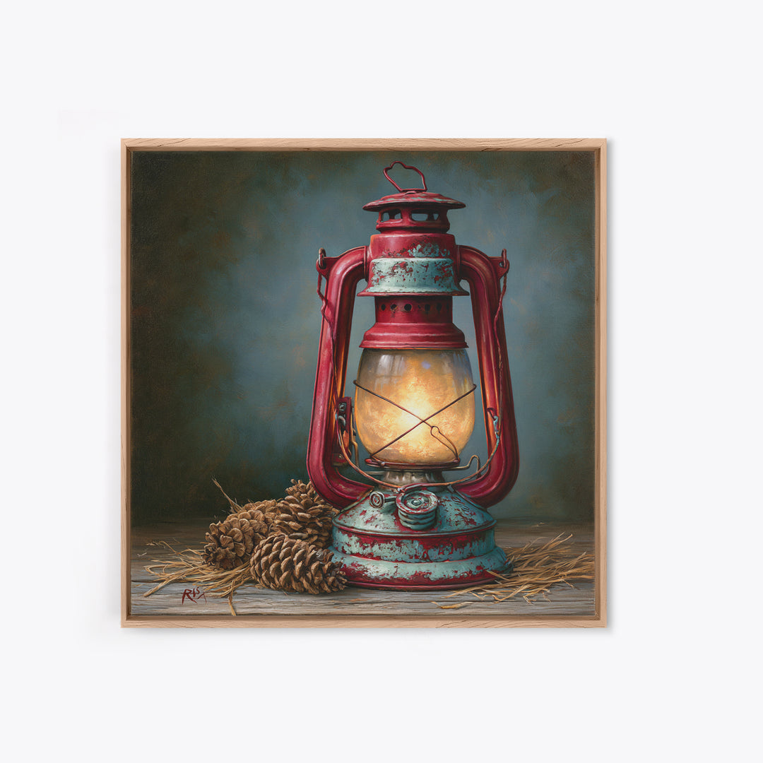 Rustic Lantern Glowing Beside Pinecones Framed Canvas Print, Rustic Art, Farmhouse Decor, Oil Painting, Rustic, RUS-1x1-28