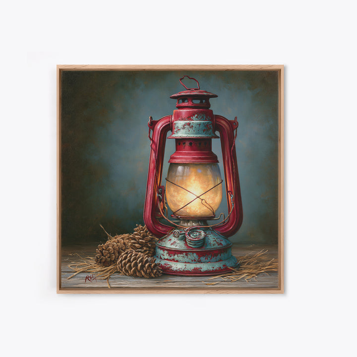 Rustic Lantern Glowing Beside Pinecones Framed Canvas Print, Rustic Art, Farmhouse Decor, Oil Painting, Rustic, RUS-1x1-28