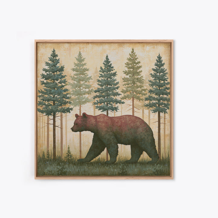 Bear Silhouette Among Pine Trees Canvas Print, Rustic Art, 3d Wall Art, Farmhouse Decor, Fine Art, Rustic, Living Room Art, RUS-1x1-31