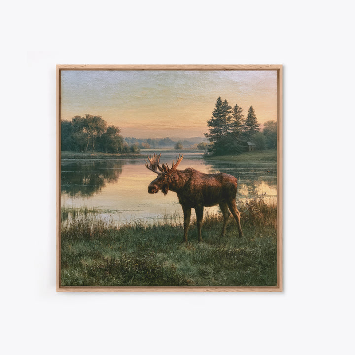Moose Standing by a Quiet Lake Framed Canvas Print, Rustic Art, Fine Art Print, Farmhouse Decor, Fine Art, Rustic, Painting, RUS-1x1-33