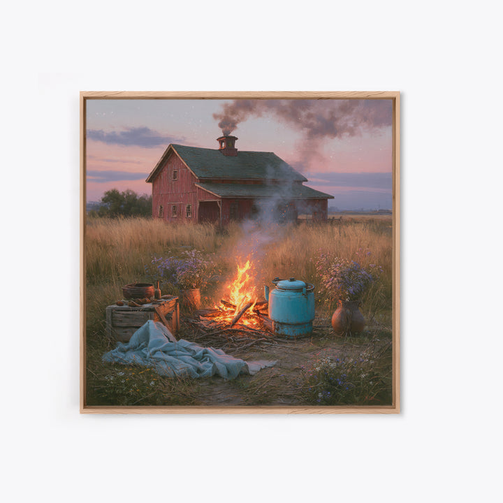 Campfire under a Starry Sky Framed Canvas Print, Rustic Art, Landscape Wall Art, Farmhouse Decor, Watercolor Art, Rustic, RUS-1x1-34