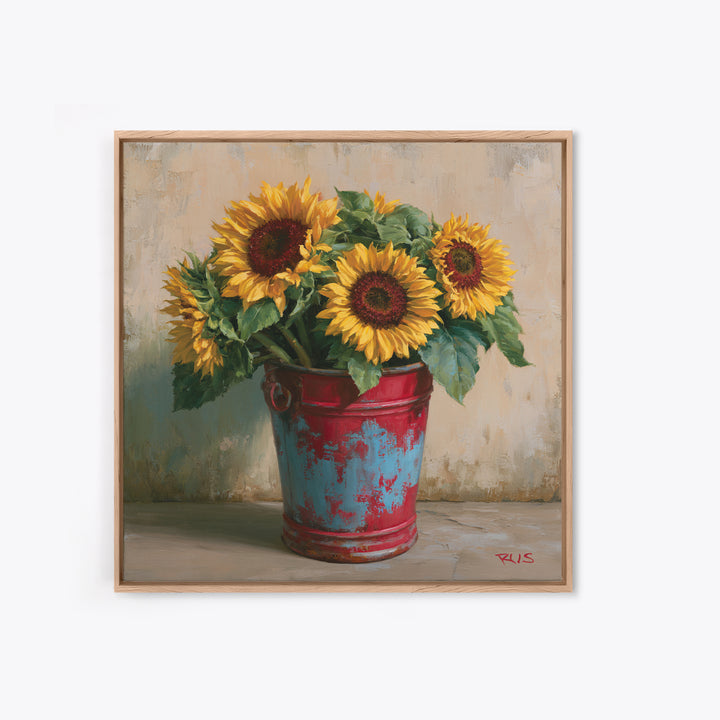 Sunflowers in a Metal Bucket Canvas Print, Rustic Art, Farmhouse Decor, Watercolor Art, Rustic, Landscape Painting, RUS-1x1-36