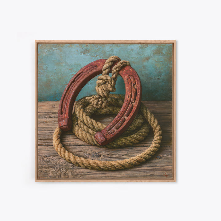 Rusty Horseshoe and Rope Composition Framed Canvas Print, Rustic Art, Gallery Wall Set, Farmhouse Decor, Oil Painting, Rustic, RUS-1x1-37