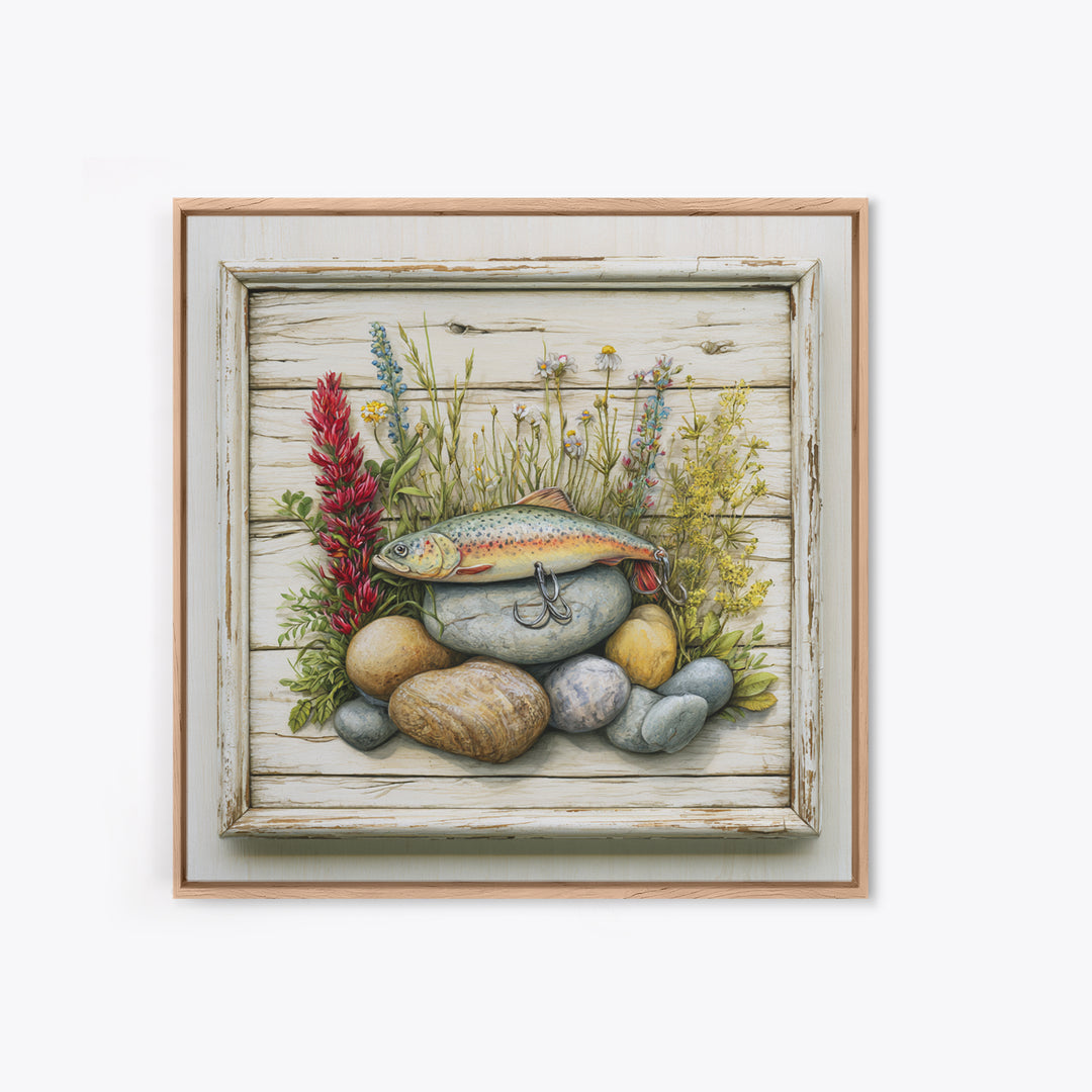 Trout Fishing Lure and River Stones Framed Canvas Print, Rustic Art, Landscape Art, Farmhouse Decor, Fine Art, Rustic, RUS-1x1-38