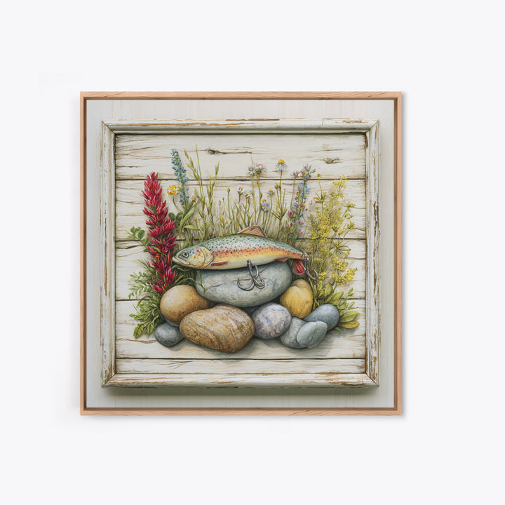Trout Fishing Lure and River Stones Framed Canvas Print, Rustic Art, Landscape Art, Farmhouse Decor, Fine Art, Rustic, RUS-1x1-38