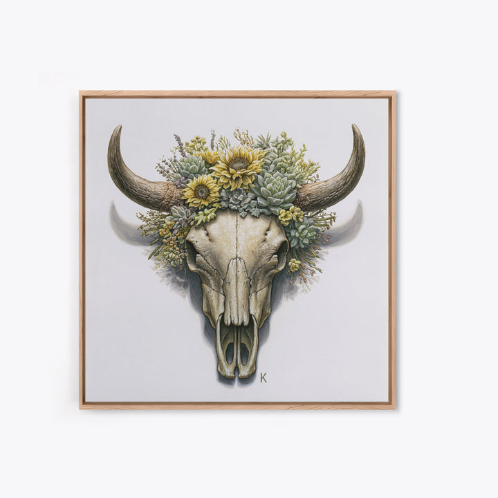 Cow Skull with Desert Flowers Framed Canvas Print, Rustic Art, Gallery Decor, Farmhouse Decor, Oil Painting, Rustic, RUS-1x1-41
