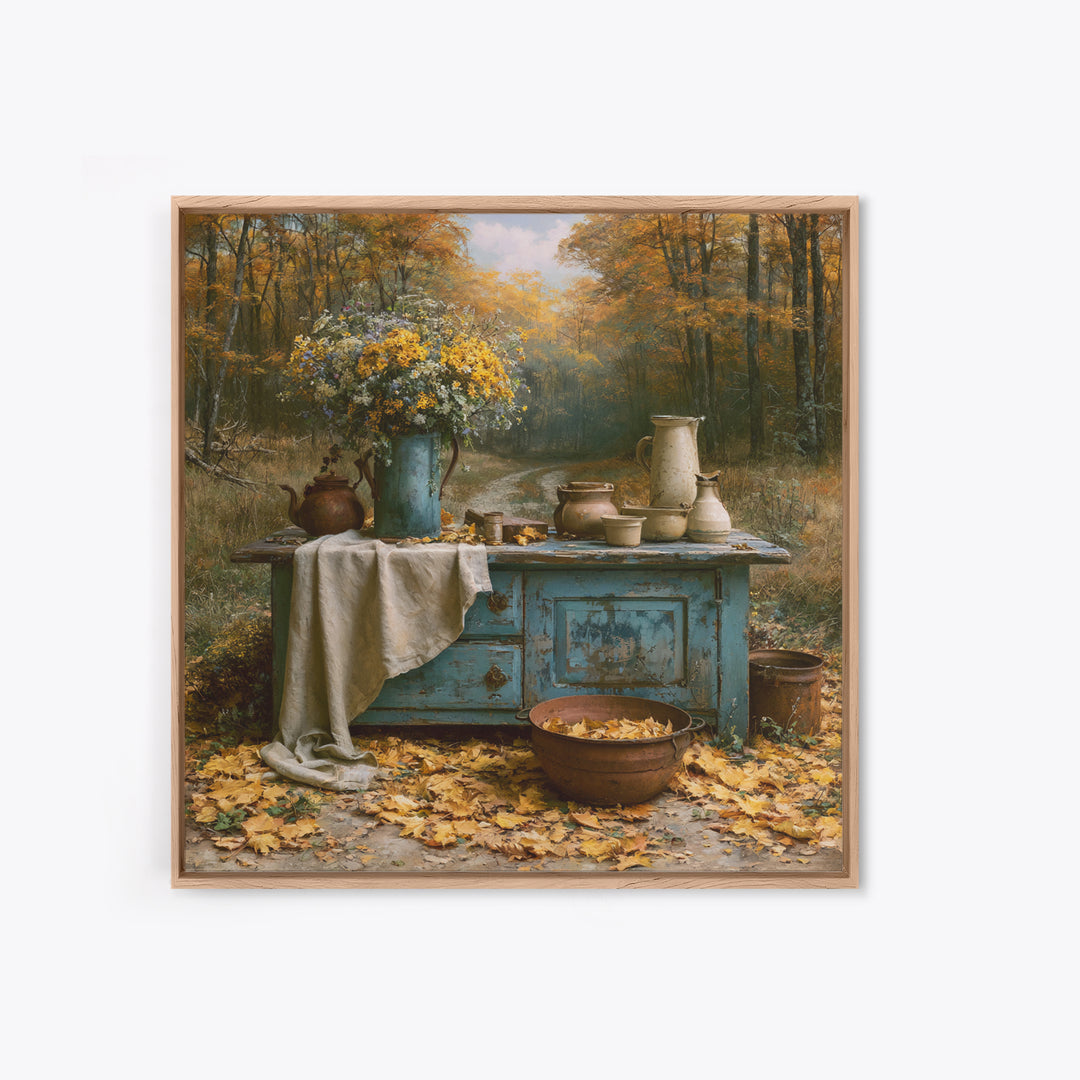 Forest Path with Golden Autumn Leaves Framed Canvas Print, Rustic Art, Eclectic Wall Art, Farmhouse Decor, Fine Art, Rustic, RUS-1x1-42
