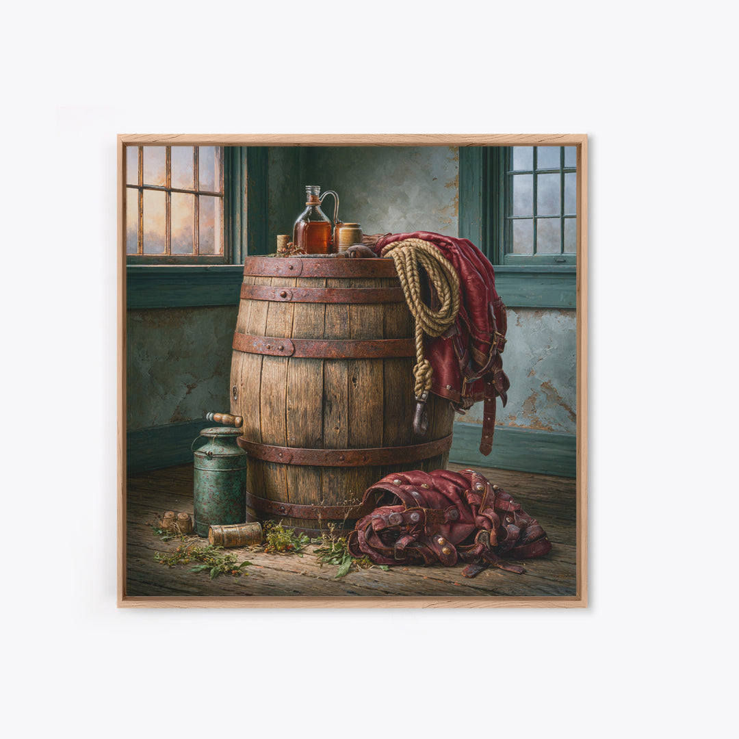 Whiskey Barrel and Leather Still Life Framed Canvas Print, Rustic Art, Wood Art, Farmhouse Decor, Oil Painting, Rustic, RUS-1x1-43