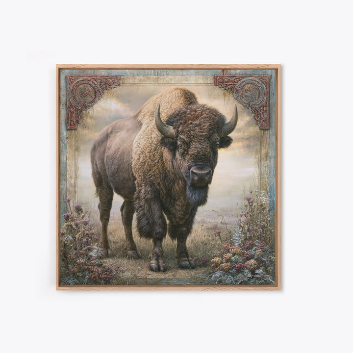 Buffalo Portrait with Western Texture Framed Canvas Print, Rustic Art, Farmhouse Wall Art, Farmhouse Decor, Fine Art, Rustic, RUS-1x1-46