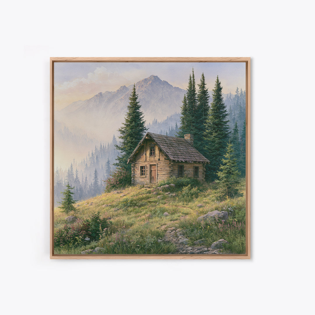 Mountain Cabin Landscape Framed Canvas Print, Rustic Art, Landscape Art, Farmhouse Decor, Fine Art, Rustic, Room Decor, RUS-1x1-51