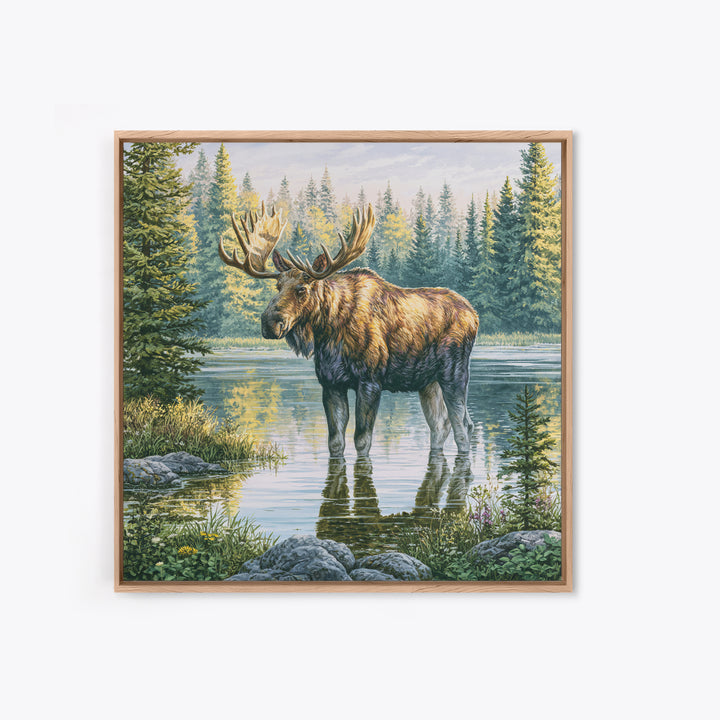 Moose Standing by a Quiet Lake Framed Canvas Print, Rustic Art, Fine Art Print, Farmhouse Decor, Fine Art, Rustic, Painting, RUS-1x1-57