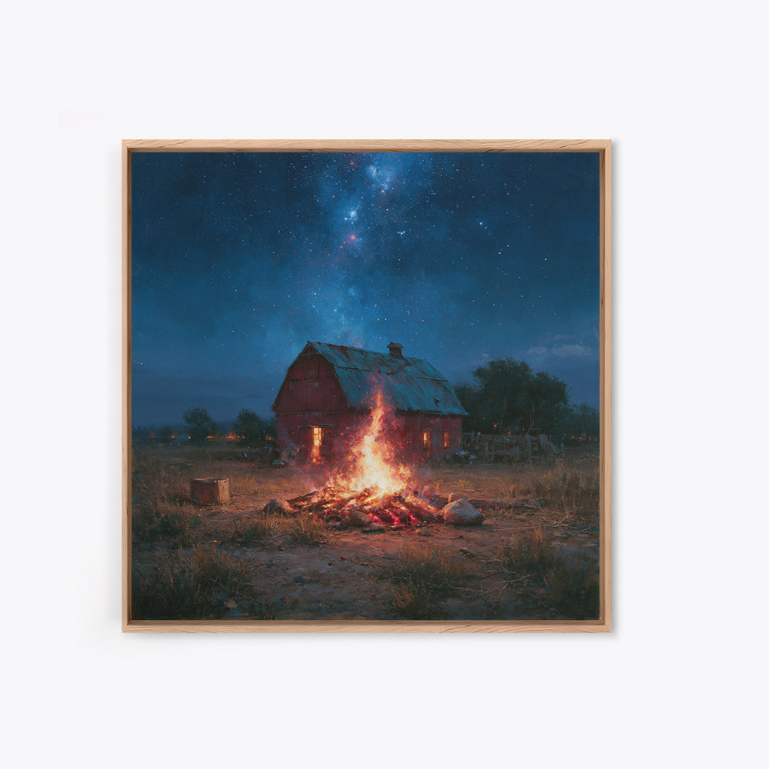 Campfire under a Starry Sky Framed Canvas Print, Rustic Art, Landscape Wall Art, Farmhouse Decor, Watercolor Art, Rustic, RUS-1x1-58