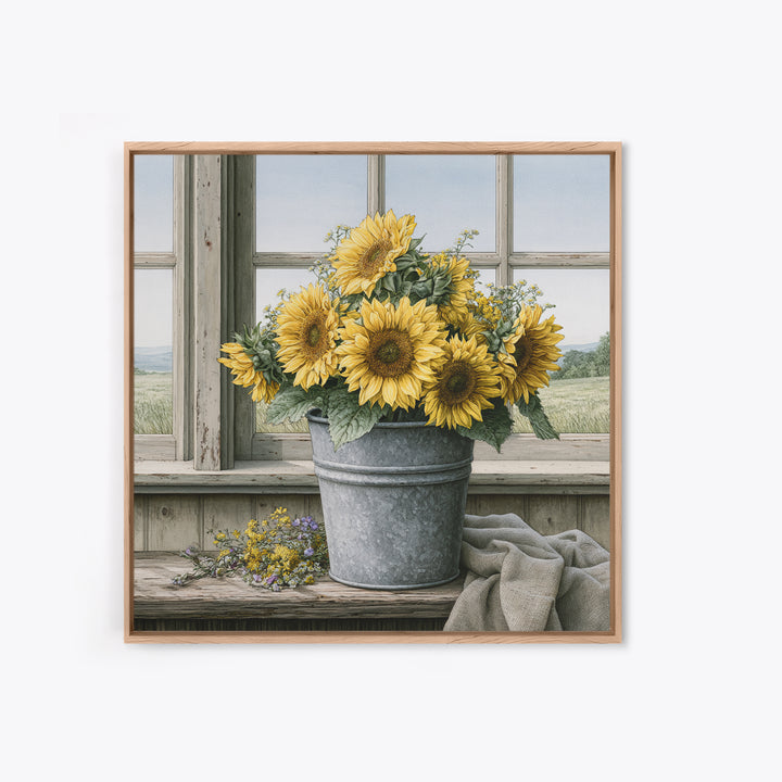 Sunflowers in a Metal Bucket Canvas Print, Rustic Art, Modern Art, Farmhouse Decor, Rustic, Neutral Decor, Modern Decor, RUS-1x1-60