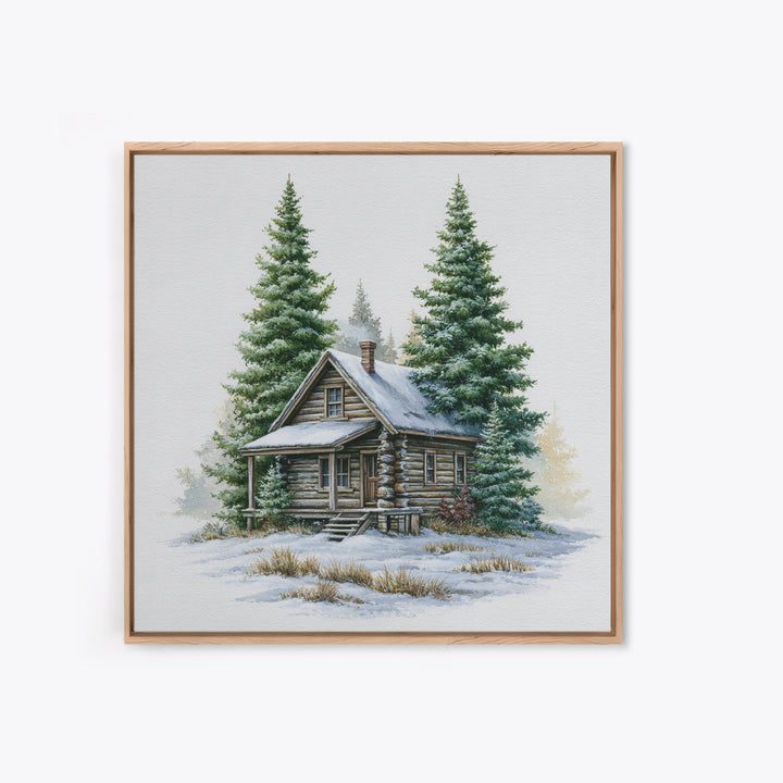 Log Cabin with Snowy Pines Framed Canvas Print, Rustic Art, Gallery Wall Set, Farmhouse Decor, Rustic, Minimalist Decor, RUS-1x1-63