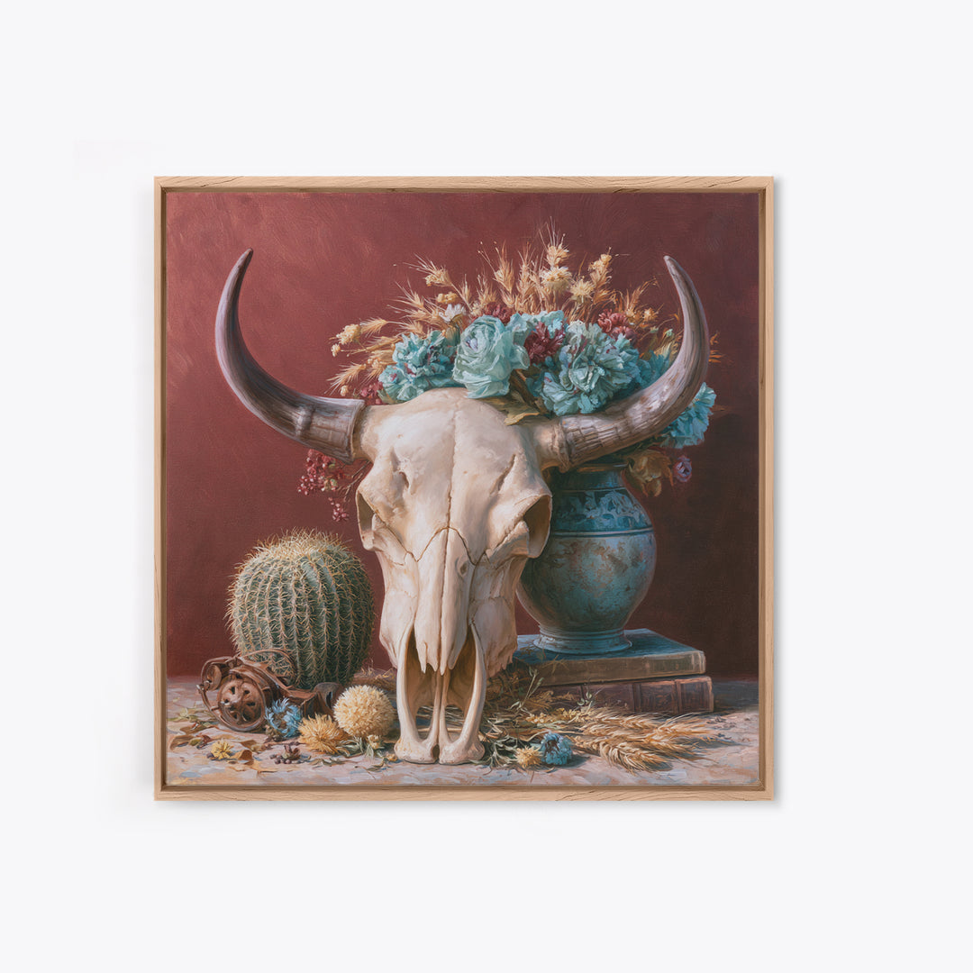Cow Skull with Desert Flowers Framed Canvas Print, Rustic Art, Gallery Decor, Farmhouse Decor, Oil Painting, Rustic, RUS-1x1-65