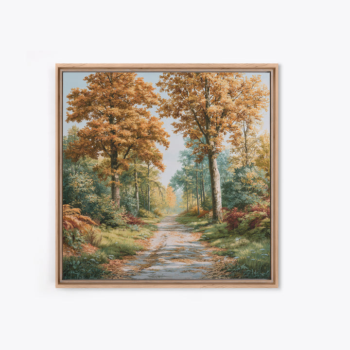 Forest Path with Golden Autumn Leaves Framed Canvas Print, Rustic Art, Eclectic Wall Art, Farmhouse Decor, Fine Art, Rustic, RUS-1x1-66
