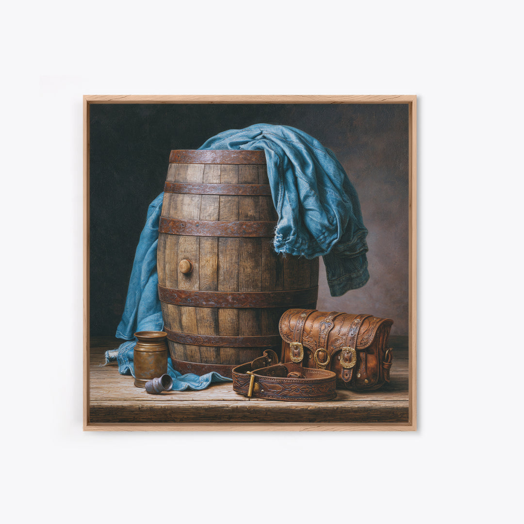 Whiskey Barrel and Leather Still Life Framed Canvas Print, Rustic Art, Gallery Decor, Farmhouse Decor, Fine Art, Rustic, RUS-1x1-67