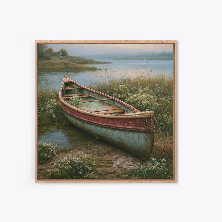 Old Canoe Pulled Onto a Lake Shore Framed Canvas Print, Rustic Art, Eclectic Wall Art, Farmhouse Decor, Oil Painting, Rustic, RUS-1x1-68