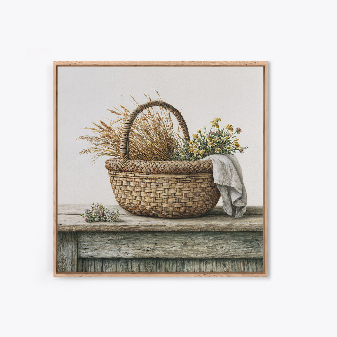 Handwoven Basket with Dried Grasses Framed Canvas Print, Rustic Art, Gallery Wall Art, Farmhouse Decor, Abstract Art, Rustic, RUS-1x1-72
