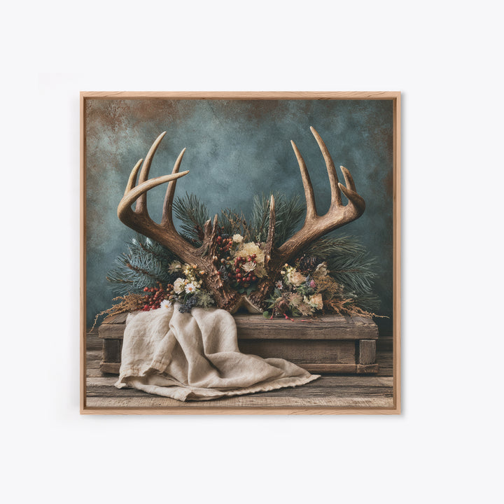 Deer Antlers with Pine Branches and Berries Framed Canvas Print, Rustic Art, Gallery Wall Set, Farmhouse Decor, Watercolor Art, RUS-1x1-74