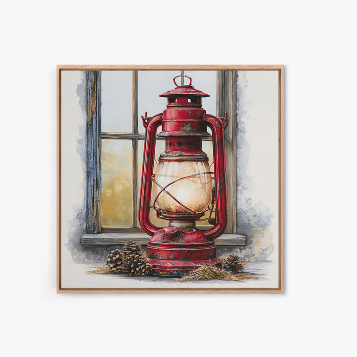 Rustic Lantern Glowing Beside Pinecones Canvas Print, Rustic Art, Portrait Painting, Farmhouse Decor, Fine Art, Rustic, RUS-1x1-76