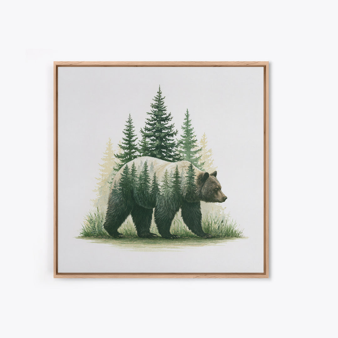 Bear Silhouette Among Pine Trees Framed Canvas Print, Rustic Art, Modern Decor, Farmhouse Decor, Oil Painting, Rustic, RUS-1x1-79