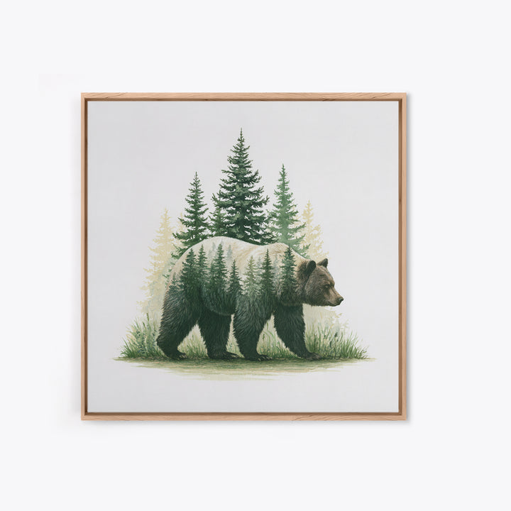 Bear Silhouette Among Pine Trees Framed Canvas Print, Rustic Art, Modern Decor, Farmhouse Decor, Oil Painting, Rustic, RUS-1x1-79