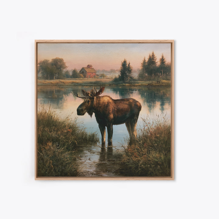 Moose Standing by a Quiet Lake Canvas Print, Rustic Art, Textured Painting, Farmhouse Decor, Oil Painting, Rustic, RUS-1x1-81