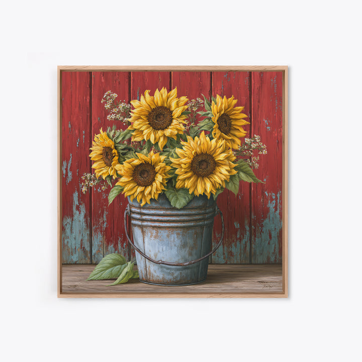 Sunflowers in a Metal Bucket Framed Canvas Print, Rustic Art, Landscape Wall Art, Farmhouse Decor, Rustic, Luxury Decor, RUS-1x1-84