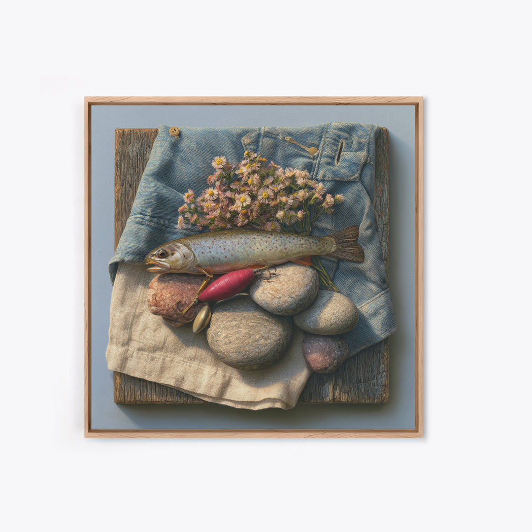 Trout Fishing Lure and River Stones Canvas Print, Rustic Art, Neutral Decor, Farmhouse Decor, Fine Art, Rustic, Home Decor, RUS-1x1-86