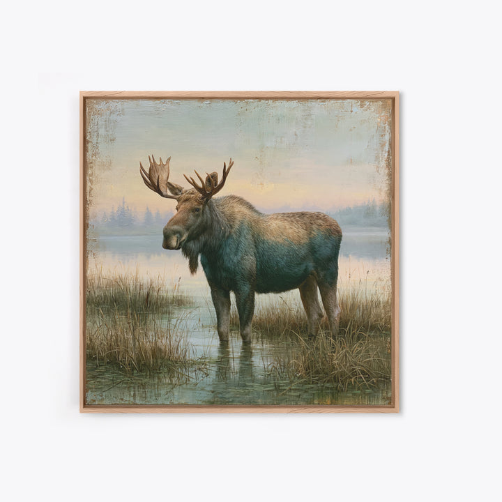 Moose Standing by a Quiet Lake Canvas Print, Rustic Art, Living Room Art, Farmhouse Decor, Watercolor Art, Rustic, RUS-1x1-9