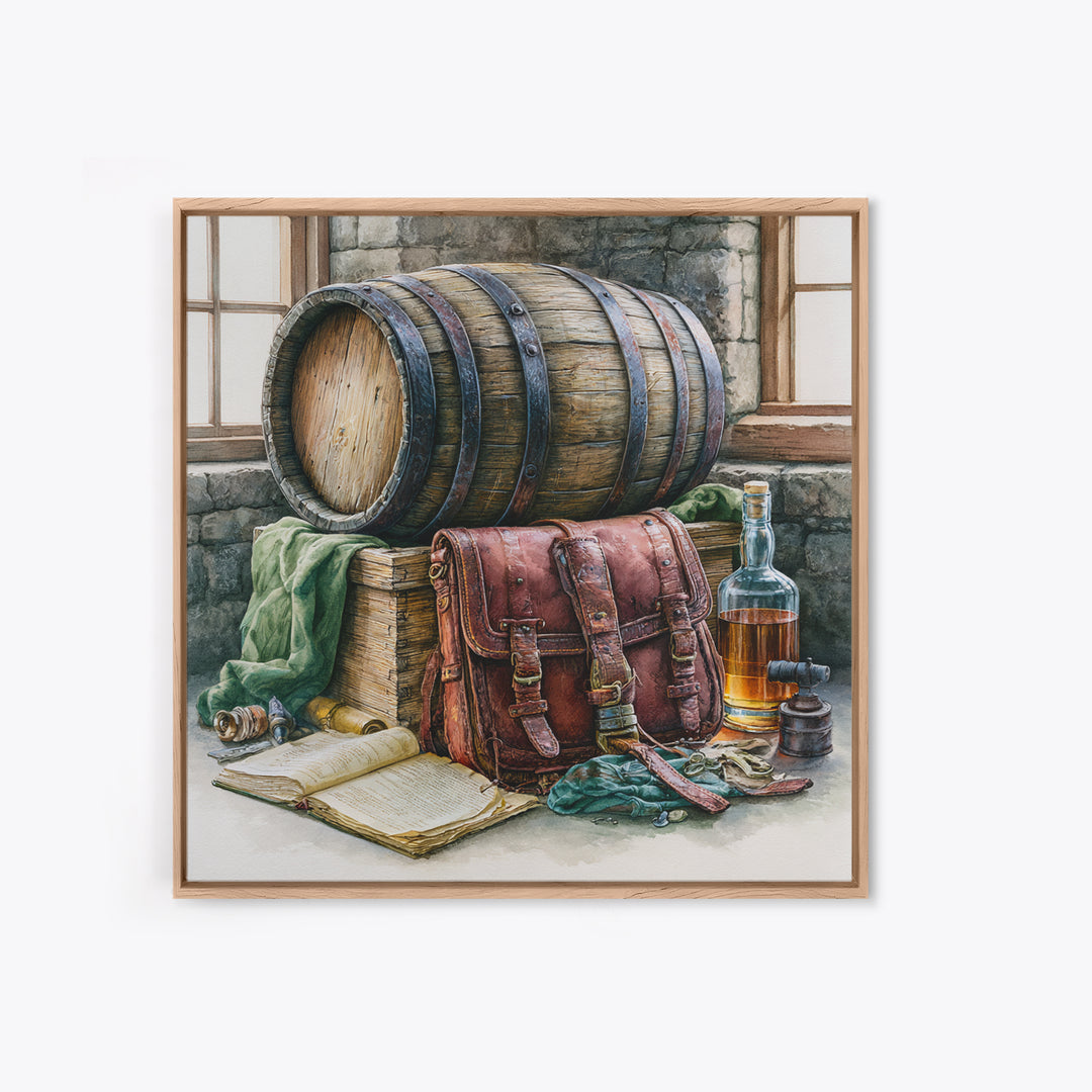 Whiskey Barrel and Leather Still Life Canvas Print, Rustic Art, Boho Decor, Farmhouse Decor, Fine Art, Rustic, Art Print, RUS-1x1-91