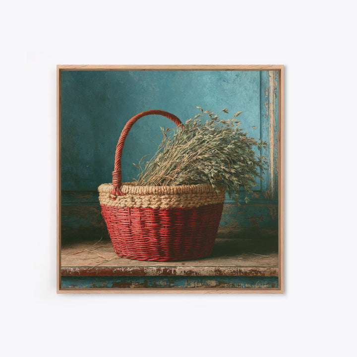 Handwoven Basket with Dried Grasses Framed Canvas Print, Rustic Art, Digital Prints, Farmhouse Decor, Fine Art, Rustic, RUS-1x1-96