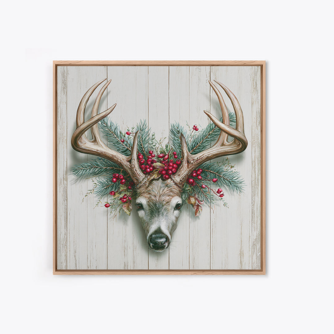Deer Antlers with Pine Branches and Berries Canvas Print, Rustic Art, Statement Artwork, Farmhouse Decor, Fine Art, Rustic, RUS-1x1-98