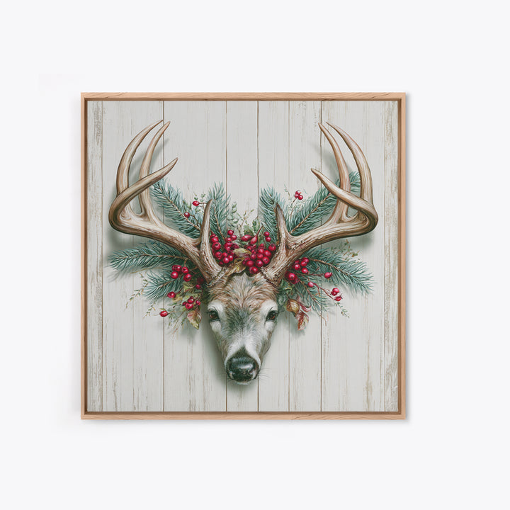 Deer Antlers with Pine Branches and Berries Canvas Print, Rustic Art, Statement Artwork, Farmhouse Decor, Fine Art, Rustic, RUS-1x1-98