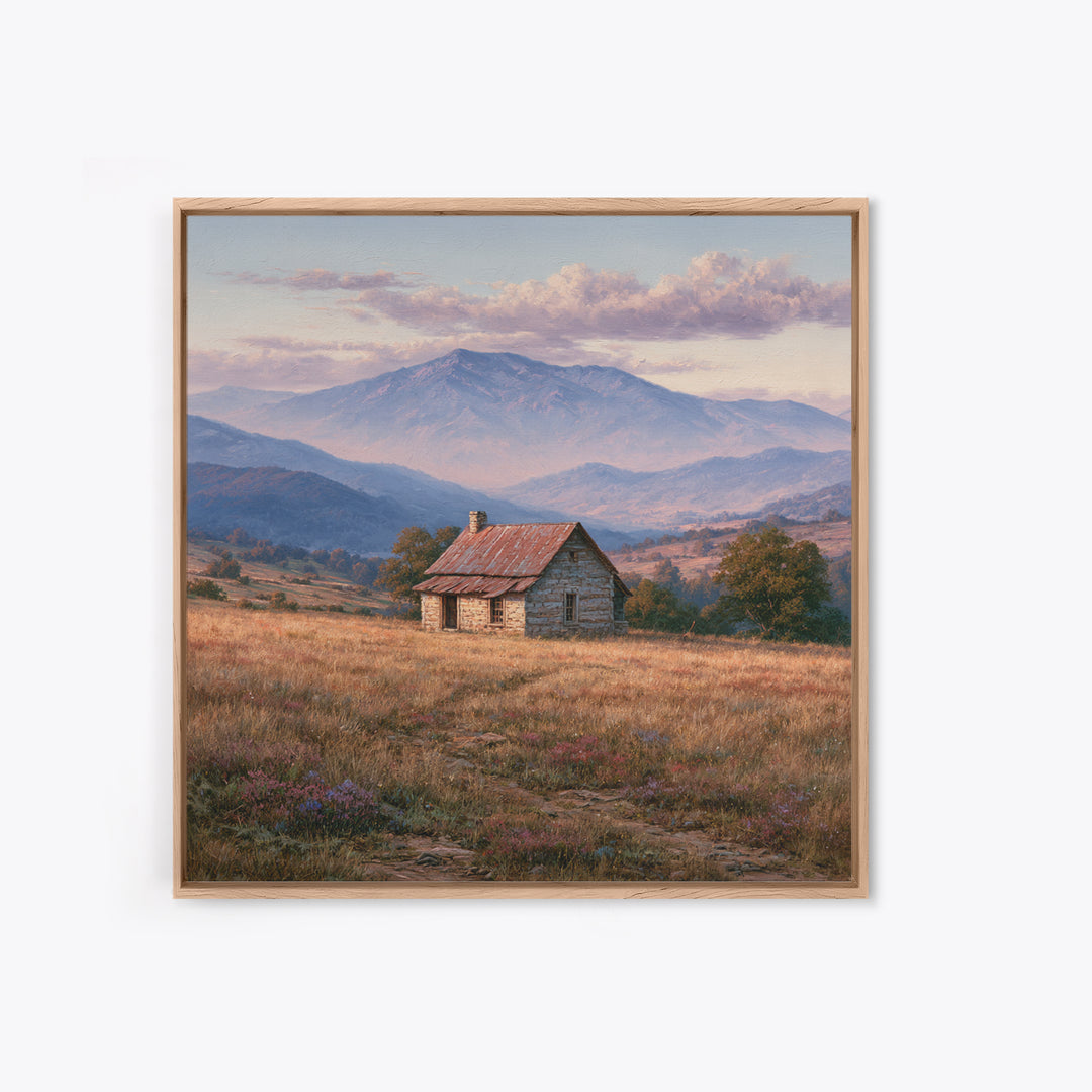 Mountain Cabin Landscape Canvas Print, Rustic Art, Wall Art, Farmhouse Decor, Oil Painting, Rustic, Living Room Decor, RUS-1x1-99