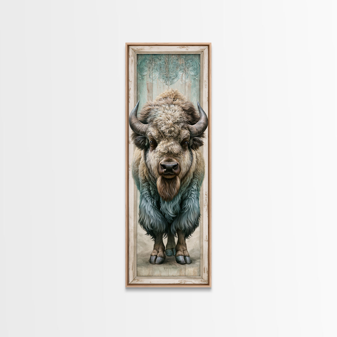 Buffalo Portrait with Western Texture Canvas Print, Rustic Art, Wood Art, Farmhouse Decor, Oil Painting, Rustic, Wall Decor, RUS-1x3-10