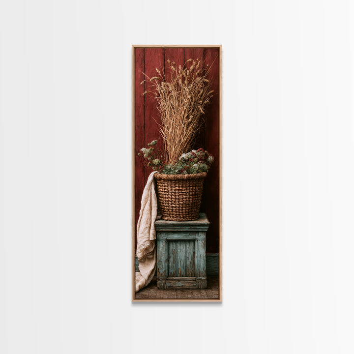 Handwoven Basket with Dried Grasses Canvas Print, Rustic Art, Statement Artwork, Farmhouse Decor, Oil Painting, Rustic, RUS-1x3-12